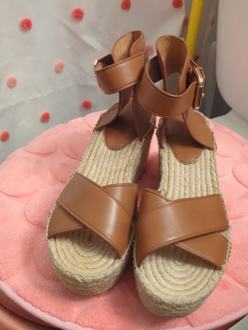 Coach Tan Leather Espadrille Wedge Sandals with Ankle Strap